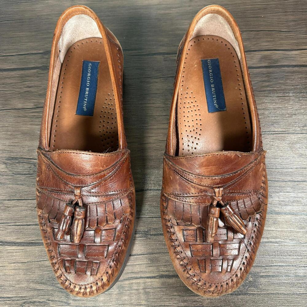 Giorgio Brutini Shoes 9M Men's Leather Loafer Tassel Slip On Moc Toe Brown